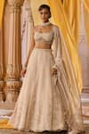 Buy_Zoon_Beige Silk Organza, Net, Tissue Embroidery, Metallic Thread, Aari Lehenga Set _at_Aza_Fashions