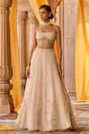 Buy_Zoon_Beige Silk Organza, Net, Tissue Embroidery, Metallic Thread, Aari Lehenga Set 