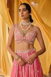 Zoon_Pink Tissue, Silk Organza Embroidery, Tassels V-neck, Scoop Aari Lehenga Set _Online_at_Aza_Fashions