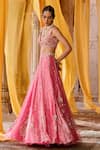 Buy_Zoon_Pink Tissue, Silk Organza Embroidery, Tassels V-neck, Scoop Aari Lehenga Set _Online_at_Aza_Fashions