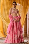 Shop_Zoon_Pink Tissue, Silk Organza Embroidery, Tassels V-neck, Scoop Aari Lehenga Set _Online_at_Aza_Fashions