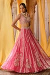 Zoon_Pink Tissue, Silk Organza Embroidery, Tassels V-neck, Scoop Aari Lehenga Set _at_Aza_Fashions