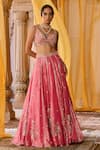Buy_Zoon_Pink Tissue, Silk Organza Embroidery, Tassels V-neck, Scoop Aari Lehenga Set 