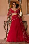 Zoon_Red Organza, Net Sequins, Embroidery V-neck, Aari Pre-draped Saree With Blouse _Online_at_Aza_Fashions