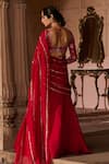 Shop_Zoon_Red Organza, Net Sequins, Embroidery V-neck, Aari Pre-draped Saree With Blouse _at_Aza_Fashions