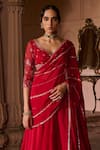 Buy_Zoon_Red Organza, Net Sequins, Embroidery V-neck, Aari Pre-draped Saree With Blouse _Online_at_Aza_Fashions