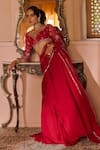Shop_Zoon_Red Organza, Net Sequins, Embroidery V-neck, Aari Pre-draped Saree With Blouse _Online_at_Aza_Fashions