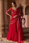 Buy_Zoon_Red Organza, Net Sequins, Embroidery V-neck, Aari Pre-draped Saree With Blouse _at_Aza_Fashions