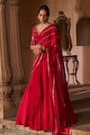 Zoon_Red Organza, Net Sequins, Embroidery V-neck, Aari Pre-draped Saree With Blouse _at_Aza_Fashions