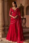 Shop_Zoon_Red Organza, Net Sequins, Embroidery V-neck, Aari Pre-draped Saree With Blouse 