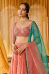 Zoon_Coral Silk Organza, Net Embroidery, Sequins, Cut Work Aari Hand Lehenga Set _Online_at_Aza_Fashions