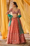 Buy_Zoon_Coral Silk Organza, Net Embroidery, Sequins, Cut Work Aari Hand Lehenga Set _Online_at_Aza_Fashions