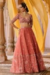 Shop_Zoon_Coral Silk Organza, Net Embroidery, Sequins, Cut Work Aari Hand Lehenga Set _Online_at_Aza_Fashions