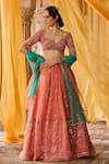 Buy_Zoon_Coral Silk Organza, Net Embroidery, Sequins, Cut Work Aari Hand Lehenga Set _at_Aza_Fashions