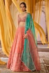 Zoon_Coral Silk Organza, Net Embroidery, Sequins, Cut Work Aari Hand Lehenga Set _at_Aza_Fashions