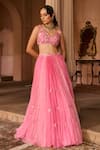 Shop_Zoon_Pink Net, Silk , Satin, Ombre Floral Aari Lehenga Set _Online_at_Aza_Fashions