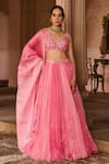 Buy_Zoon_Pink Net, Silk , Satin, Ombre Floral Aari Lehenga Set _at_Aza_Fashions