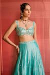 Zoon_Turquoise Net, Tissue, Silk Organza Mirrors, Aari Work Kalidar Lehenga Set _Online_at_Aza_Fashions