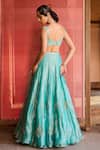 Shop_Zoon_Turquoise Net, Tissue, Silk Organza Mirrors, Aari Work Kalidar Lehenga Set _at_Aza_Fashions