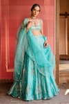 Buy_Zoon_Turquoise Net, Tissue, Silk Organza Mirrors, Aari Work Kalidar Lehenga Set _at_Aza_Fashions
