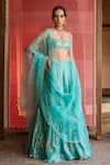 Buy_Zoon_Turquoise Net, Tissue, Silk Organza Mirrors, Aari Work Kalidar Lehenga Set _Online_at_Aza_Fashions