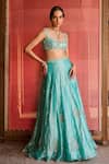Shop_Zoon_Turquoise Net, Tissue, Silk Organza Mirrors, Aari Work Kalidar Lehenga Set _Online_at_Aza_Fashions