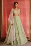 Buy_Zoon_Green Net, Silk Organza Embroidery, Sequins, Cut Work Aari Lehenga Blouse Set _at_Aza_Fashions