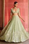 Zoon_Green Net, Silk Organza Embroidery, Sequins, Cut Work Aari Lehenga Blouse Set _Online_at_Aza_Fashions