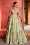 Shop_Zoon_Green Net, Silk Organza Embroidery, Sequins, Cut Work Aari Lehenga Blouse Set _Online_at_Aza_Fashions