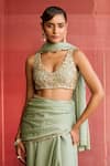 Zoon_Green Georgette, Net Embroidery, Sequins Aari Pre-draped Saree With Blouse _Online_at_Aza_Fashions