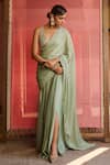 Buy_Zoon_Green Georgette, Net Embroidery, Sequins Aari Pre-draped Saree With Blouse _at_Aza_Fashions