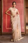 Buy_Zoon_Rose Gold Tissue, Silk, Net Embroidery V-neck Aari Floral Saree With Blouse _Online_at_Aza_Fashions