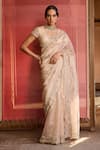Buy_Zoon_Rose Gold Tissue, Silk, Net Embroidery V-neck Aari Floral Saree With Blouse _at_Aza_Fashions