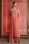 Zoon_Coral Georgette, Tissue, Organza Embroidery, Mirrors, Aari Kurta Palazzo Set _at_Aza_Fashions
