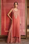 Buy_Zoon_Coral Georgette, Tissue, Organza Embroidery, Mirrors, Aari Kurta Palazzo Set _at_Aza_Fashions
