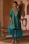 Buy_Zoon_Blue Tissue, Satin, Georgette, Organza Embroidery, Crushed Aari Kurta Set _at_Aza_Fashions