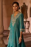 Zoon_Blue Tissue, Satin, Georgette, Organza Embroidery, Crushed Aari Kurta Set _at_Aza_Fashions