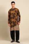 Mayank Modi - Men_Brown Muslin Striped And Geometric Asymmetric Kurta Set _Online_at_Aza_Fashions