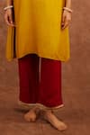 World of Sugandh_Yellow Dupion, Silk Embroidery, Zari Split V-neck Haldi Gulab Kurta And Pant Set _Online_at_Aza_Fashions