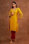 Buy_World of Sugandh_Yellow Dupion, Silk Embroidery, Zari Split V-neck Haldi Gulab Kurta And Pant Set _at_Aza_Fashions