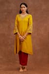 Buy_World of Sugandh_Yellow Dupion, Silk Embroidery, Zari Split V-neck Haldi Gulab Kurta And Pant Set _Online_at_Aza_Fashions