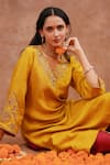 Shop_World of Sugandh_Yellow Dupion, Silk Embroidery, Zari Split V-neck Haldi Gulab Kurta And Pant Set _Online_at_Aza_Fashions