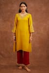 Shop_World of Sugandh_Yellow Dupion, Silk Embroidery, Zari Split V-neck Haldi Gulab Kurta And Pant Set _at_Aza_Fashions