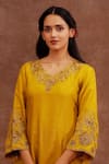 World of Sugandh_Yellow Dupion, Silk Embroidery, Zari Split V-neck Haldi Gulab Kurta And Pant Set _at_Aza_Fashions