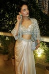 Roqa_Ivory Net, Modal, Satin Embroidery, Sequins Designer Jacket Blouse Skirt Set _at_Aza_Fashions