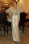 Buy_Roqa_Ivory Net, Modal, Satin Embroidery, Sequins Designer Jacket Blouse Skirt Set 