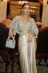 Roqa_Ivory Net, Modal, Satin Embroidery, Sequins Designer Jacket Blouse Skirt Set 