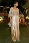 Roqa_Ivory Net, Modal, Satin Embroidery, Sequins Designer Jacket Blouse Skirt Set 