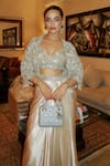 Roqa_Ivory Net, Modal, Satin Embroidery, Sequins Designer Jacket Blouse Skirt Set 