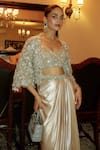 Roqa_Ivory Net, Modal, Satin Embroidery, Sequins Designer Jacket Blouse Skirt Set 